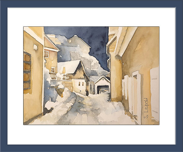 Original Aquarell, Wintertag in Laaber mit Rahmen