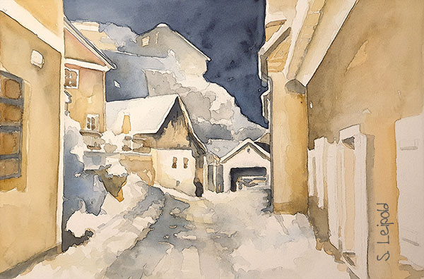 Original Aquarell, Winterabend in Laaber