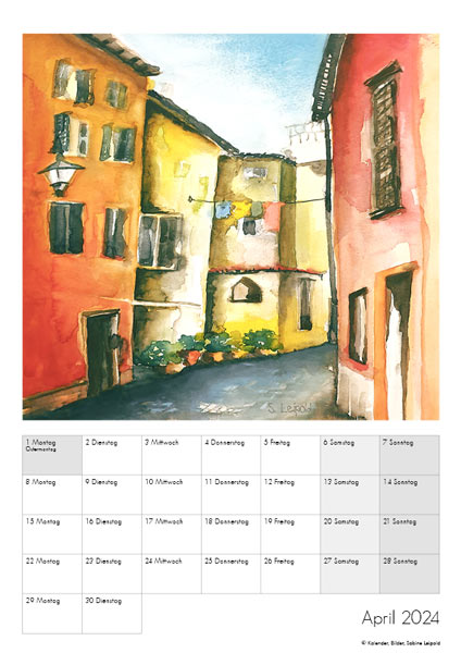 Kunstkalender 2024, Aquarelle Sabine Leipold, April, Gassen Rovinj