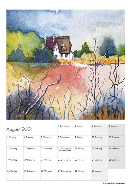 Kunstkalender 2024, Aquarelle Sabine Leipold, August, Hiddensee Windliese
