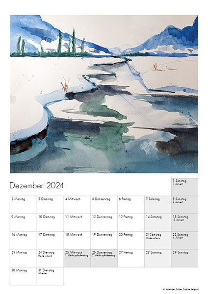 Kunstkalender 2024, Aquarelle Sabine Leipold, Dezember, Winterlandschaft