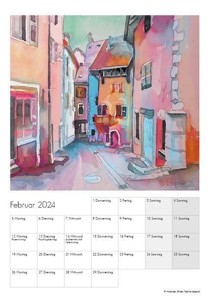 Kunstkalender 2024, Aquarelle Sabine Leipold, Februar, Altstadt