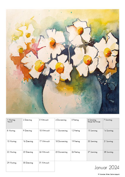 Kunstkalender 2024, Aquarelle Sabine Leipold, Januar Blumenbild