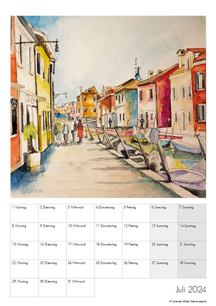 Kunstkalender 2024, Aquarelle Sabine Leipold, Juli, Burano