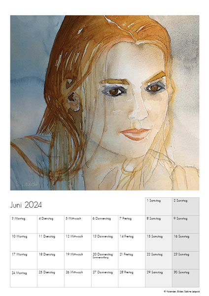 Kunstkalender 2024, Aquarelle Sabine Leipold, Juni, Frauenportrait