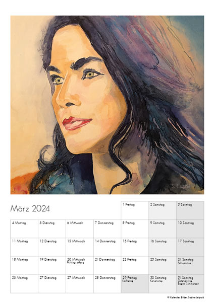 Kunstkalender 2024, Aquarelle Sabine Leipold, März, Portrait Frau