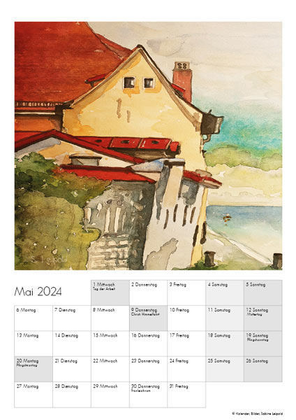 Kunstkalender 2024, Aquarelle Sabine Leipold, Mai, Regensburg Sicht von der Steinernen Brücke