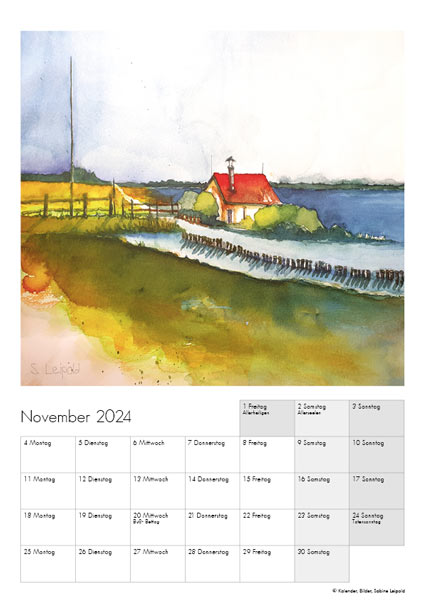 Kunstkalender 2024, Aquarelle Sabine Leipold, November, Ostsee
