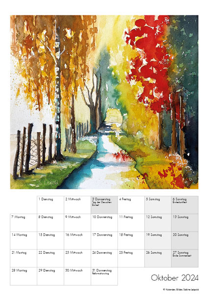 Kunstkalender 2024, Aquarelle Sabine Leipold, Oktober, Herbstlandschaft