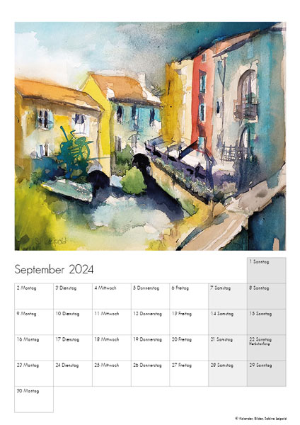 Kunstkalender 2024, Aquarelle Sabine Leipold, September, Städteflair
